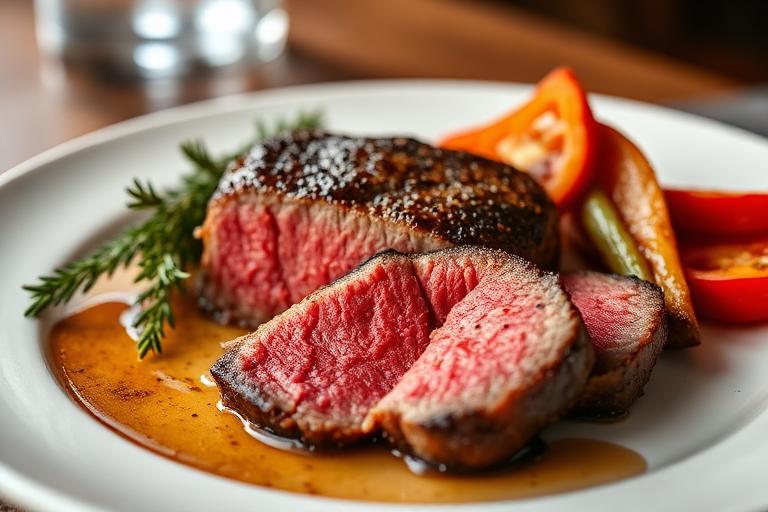 Small hand-cut sirloin steak (Ranger portion) with a side. 600x340.