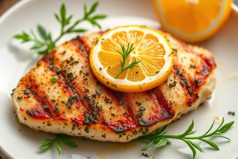 Herb-crusted grilled chicken breast with a caramelized lemon half, fresh and light. 600x340.