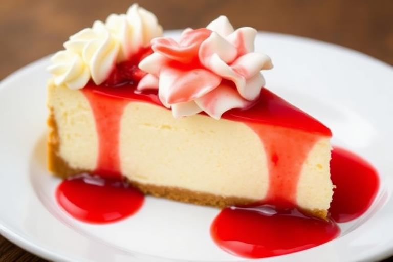 Slice of New York cheesecake topped with strawberry sauce and whipped cream. 600x340.