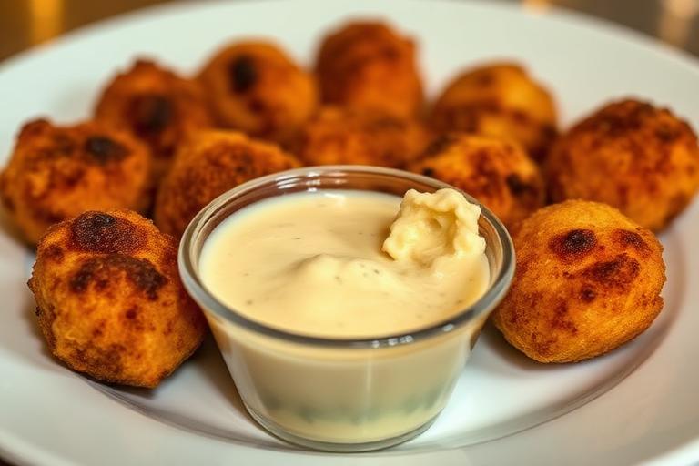 Plate of fried jalapeño and jack cheese bites with cajun dipping sauce, melty cheese visible, warm lighting. 600x340.