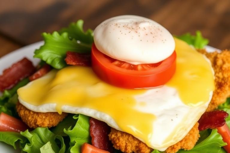Crispy fried chicken tenders piled on cold greens with cheese, egg, tomato and bacon. 600x340.