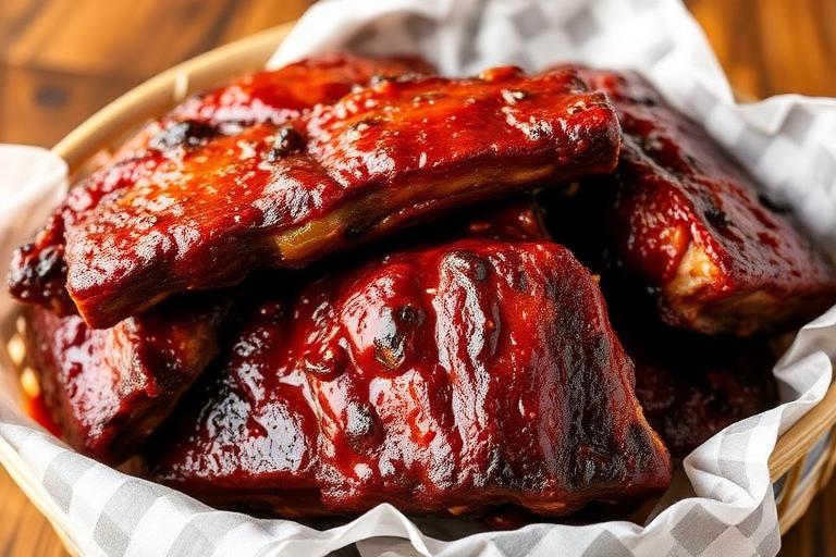 Ranger-sized basket of BBQ ribs, sticky and appetizing. 600x340.
