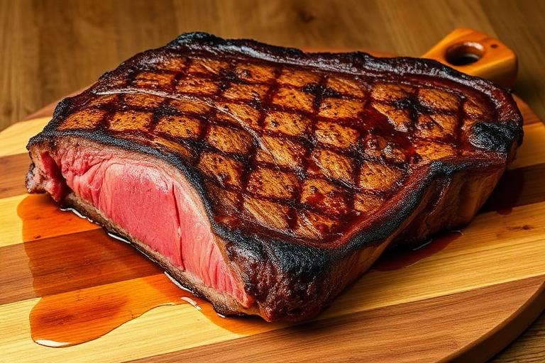 Large T-bone / porterhouse steak showing filet and strip sides of the bone, grilled, on a wooden board. 600x340.