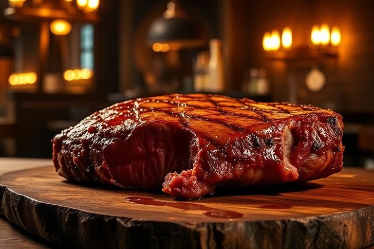 Large 20oz bone-in ribeye steak on a wooden board, dramatic steakhouse lighting, the bone prominent. 600x340.