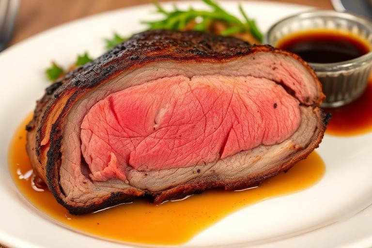 Slow-roasted slice of prime rib, pink center, au jus on the side, rustic steakhouse plating. 600x340.