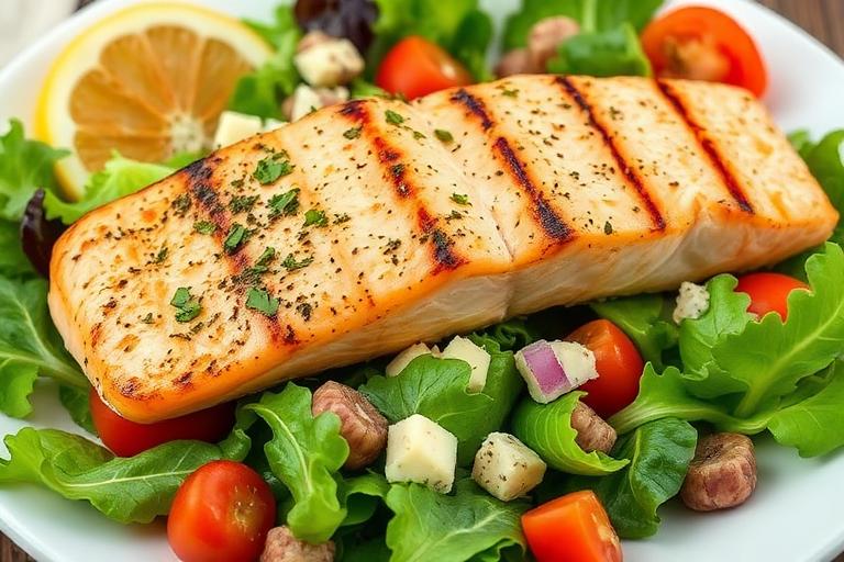 Salad topped with a grilled salmon fillet over mixed greens with toppings, fresh and bright. 600x340.