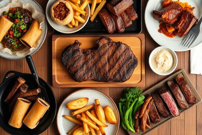 Overhead spread of several Texas Roadhouse signature dishes — ribeye, ribs, rolls, sides — on a rustic wood table, top-d