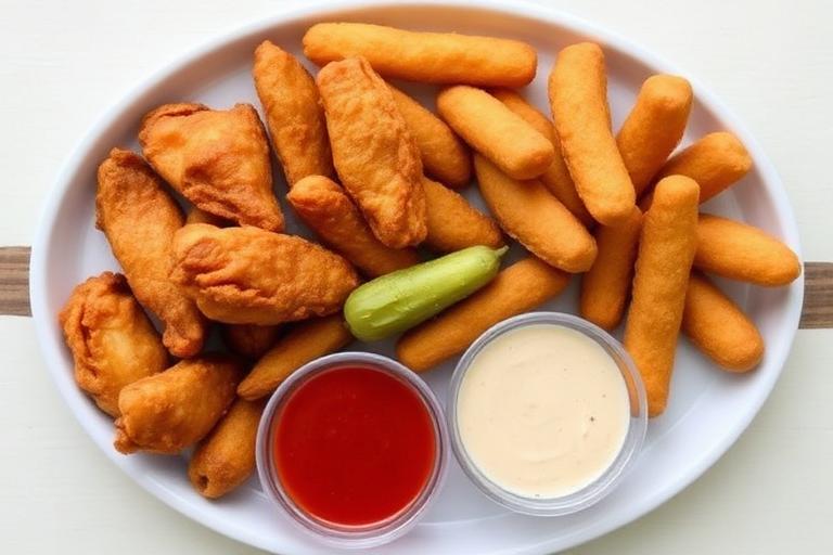 Sampler platter with three fried appetizers (wings, fried pickles, cheese sticks) and two dipping sauces, top-down view.