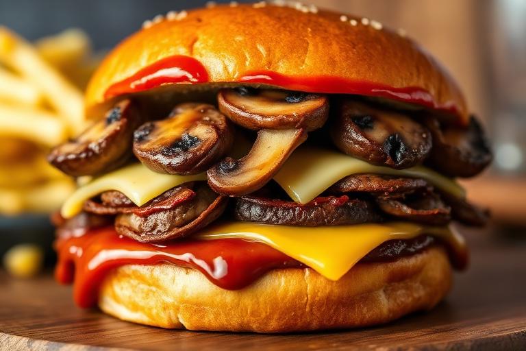 Loaded smokehouse burger with mushrooms, onions, BBQ sauce and two cheeses, towering. 600x340.