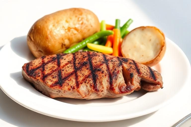 A plain grilled steak with steamed vegetables and a baked potato on a clean white plate, fresh and health-conscious, bri