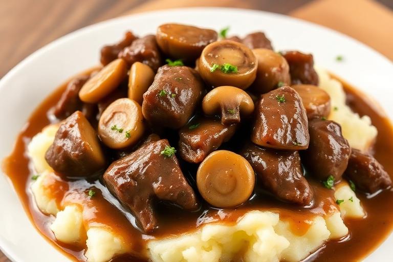 Beef tips with mushrooms and onions in brown gravy over mashed potatoes, hearty homestyle dish. 600x340.