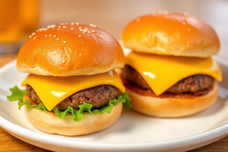 Two mini cheeseburgers on soft buns with a small kid side, bright friendly plating. 600x340.