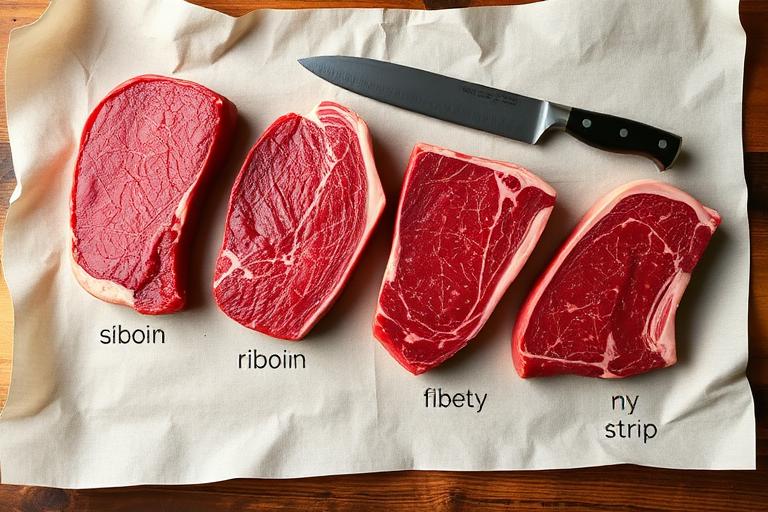 Educational flat-lay of four raw labeled steak cuts — sirloin, ribeye, filet, NY strip — on butcher paper with a knife, 