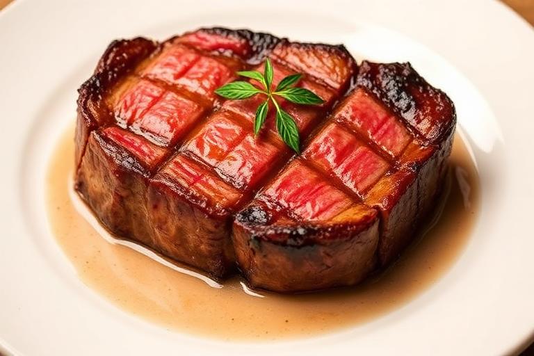 Thick tender filet mignon (Dallas filet) on a plate, lean and rounded, garnished simply, appetizing. 600x340.