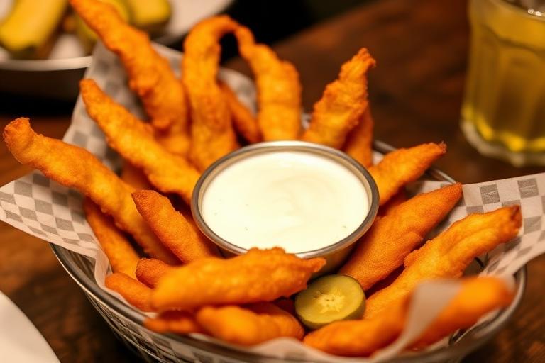 Basket of golden crispy fried pickle chips with a side of ranch dressing, casual steakhouse table, appetizing close-up. 