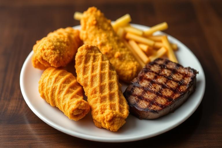 Golden chicken tenders with a small grilled sirloin steak, combo plate, appetizing. 600x340.