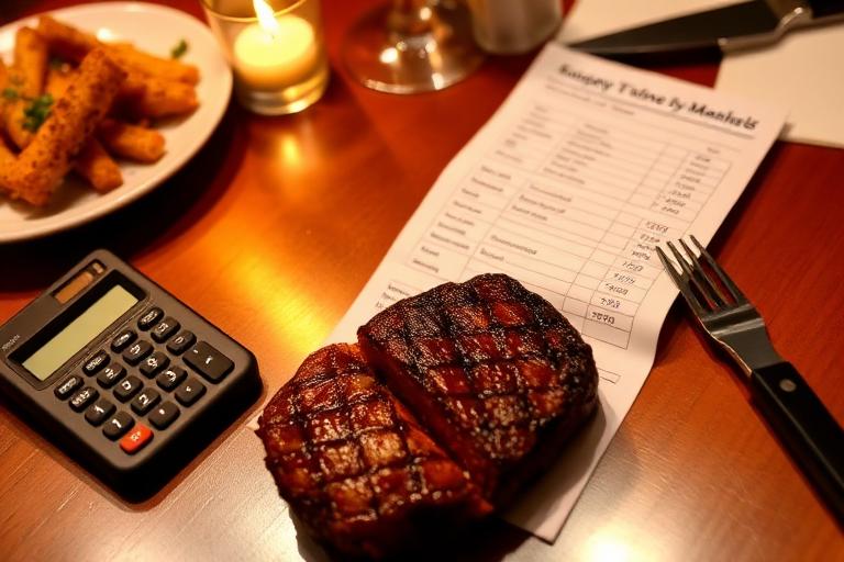 A restaurant check, calculator, and a partial steak dinner on a table, conveying saving money on dining, warm tones. 700
