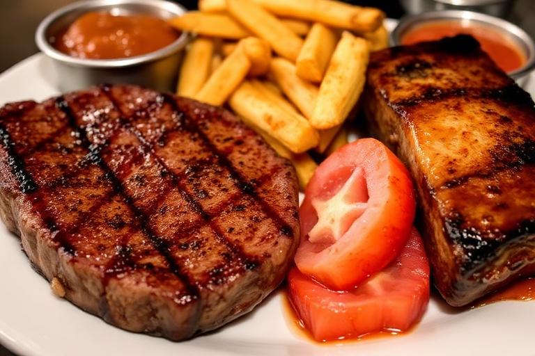 Sirloin steak paired with a portion of BBQ ribs, two sides, surf-and-turf style plating. 600x340.
