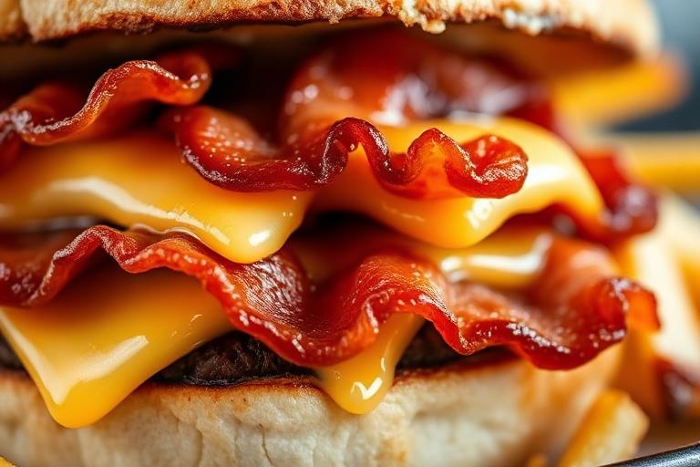 Bacon cheeseburger with crispy bacon strips, melted cheese and fries, juicy close-up. 600x340.