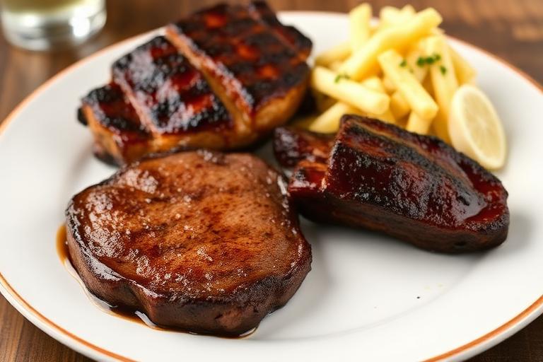 Tender filet steak with a portion of BBQ ribs, refined combo plating with two sides. 600x340.