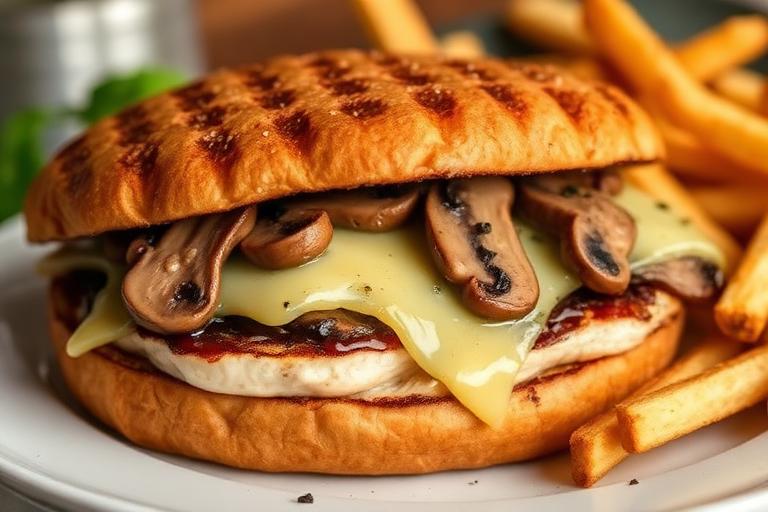 Grilled chicken sandwich with sautéed mushrooms and melted jack cheese, fries on side. 600x340.
