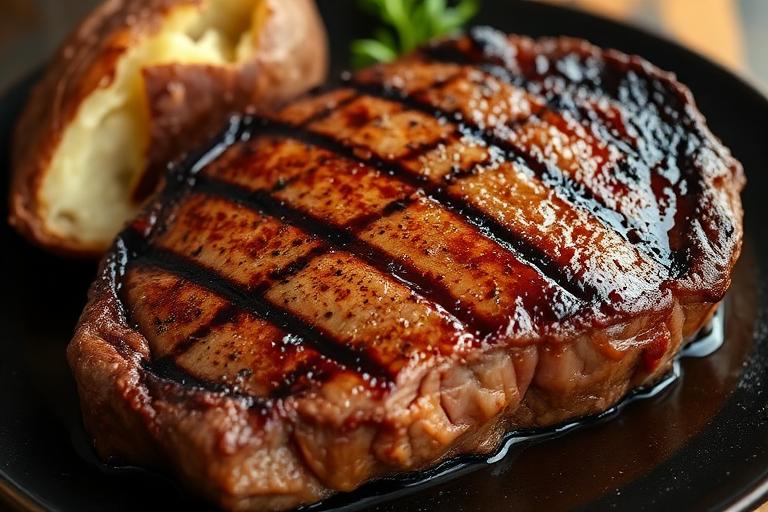 Well-marbled ribeye steak grilled to medium, glistening, on a cast-iron plate with a baked potato. 600x340.